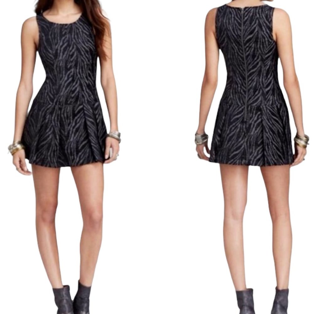 Free People Black Chenille Textured Zebra Printβ Drop Waist Mini Dress Size 10